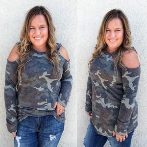 Camo cold shoulder top